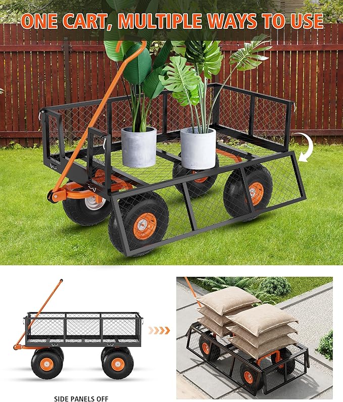 Heavy Duty 900 Lbs Capacity Steel Garden Cart, 3-In-1 Utility Metal Wagon, with Removable Mesh Sides to Convert Into Flatbed, 180° Rotating Handle and 10" Tires