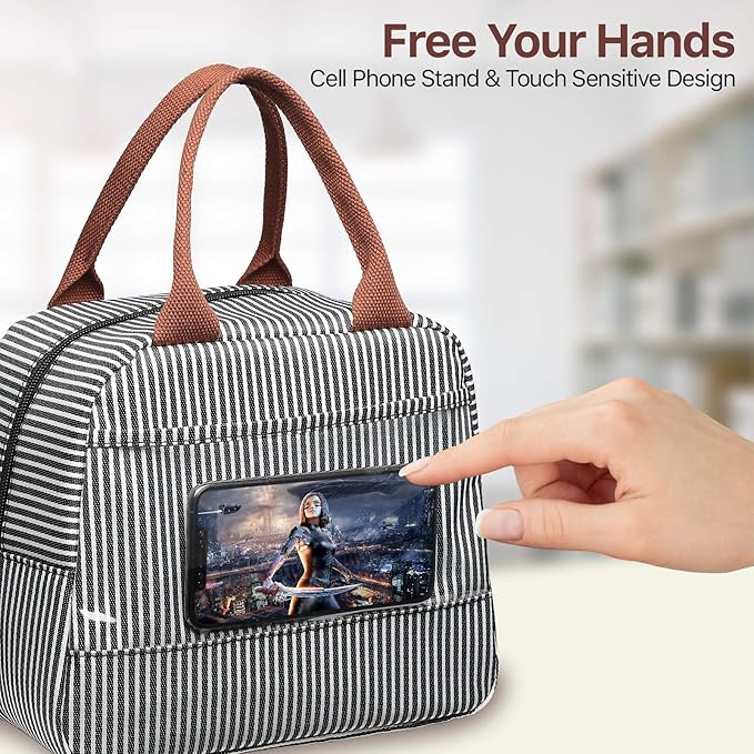 Bagseri Insulated Lunch Bag Women - Lunch Bag for Women Men Reusable Lunch Box Leakproof Thermal Cooler Sack Food Handbags Case High Capacity for Work and Picnic (Black White Stripe)
