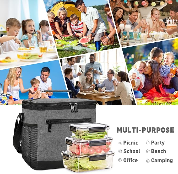 Tirrinia Large Insulated Lunch Box for Men/Women, Leakproof Thermal Lunch Bag for Office Picnic Work Beach Camping,Reusable Lunch Cooler Tote for Adult, Dark Grey