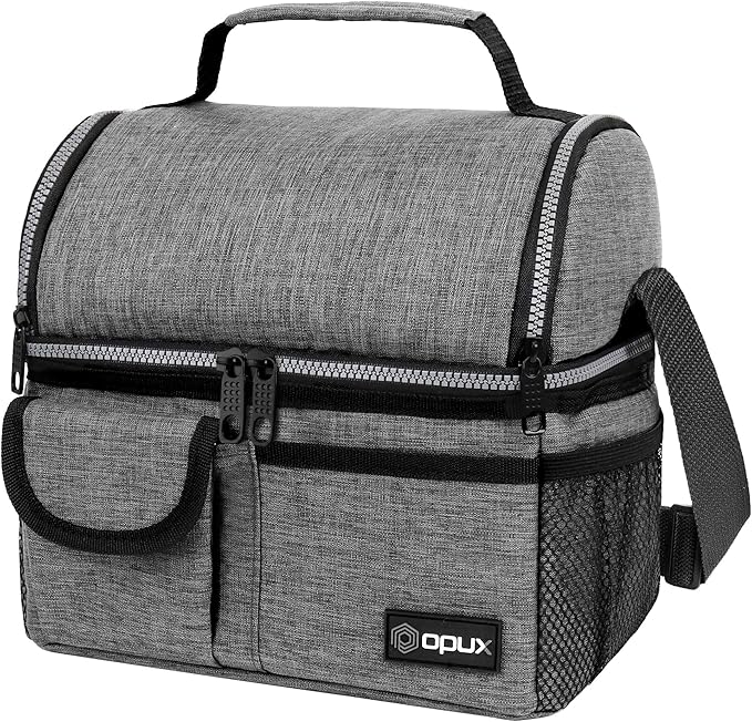 opux Lunch Box for Men, Adult Lunch Box Cooler, Insulated Lunch Bag Women, Dual Compartment Lunchbox for Work, Leakproof Double Decker Lunch Bag, Soft Lunch Pail Tote Boys Girls Kids School, Gray