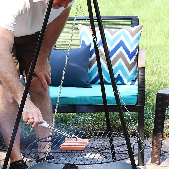 Sunnydaze Outdoor Fire Pit Tripod Cooking Grill System - Black Steel Grate and Legs - 22-Inch
