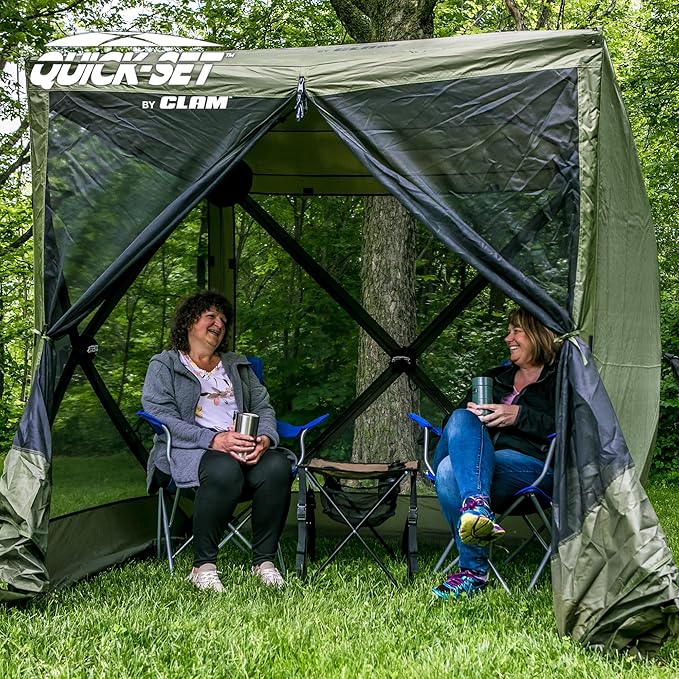 CLAM Quick Set Traveler 6x6Ft Portable Outdoor 4 Sided Canopy Shelter, Green/Tan + Clam Quick Set Screen Hub Tent, Accessory Only, Green (3 Pack)