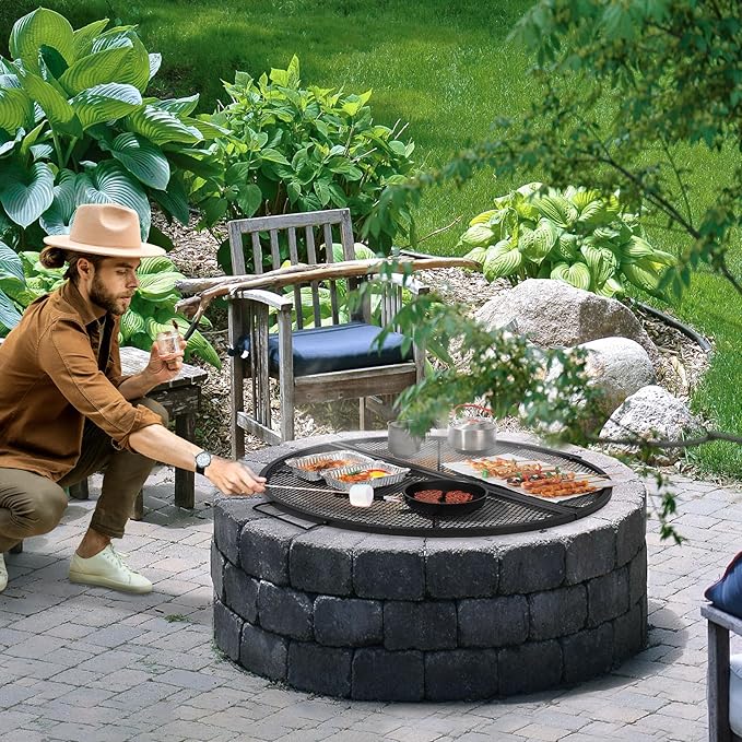 REDCAMP Foldable Fire Pit Cooking Grill Grate, Portable X-Marks Heavy Duty Steel Round Campfire BBQ Grill with Handle & Support Wire, Ideal for Outdoor Picnics & Gatherings, 36-Inch Black