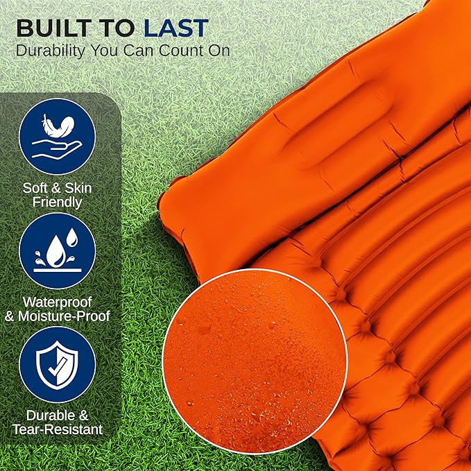 SereneLife Camping Mattress, 2.7" Backpacking Inflatable Air Mattress for Camping, Waterproof Lightweight Sleeping Mat with Carry Bag, Tear-Resistant Nylon for Hiking, Travel, Outdoor, Orange