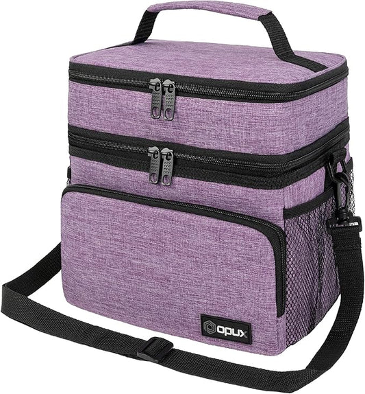 opux Insulated Lunch Bag for Men Women, Large Dual Compartment Cooler Bag, Soft Two Deck Lunch Box for Work School Picnic, Leakproof Lunch Tote with Shoulder Strap for Kid Adult (Purple, Double Deck)