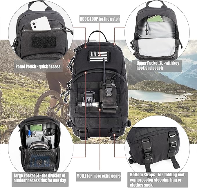 Tactical Small Hydration Backpack 10L Molle Pack for Outdoor Hiking Gravel Cycling Mountain Biking with 2.5L Bladder