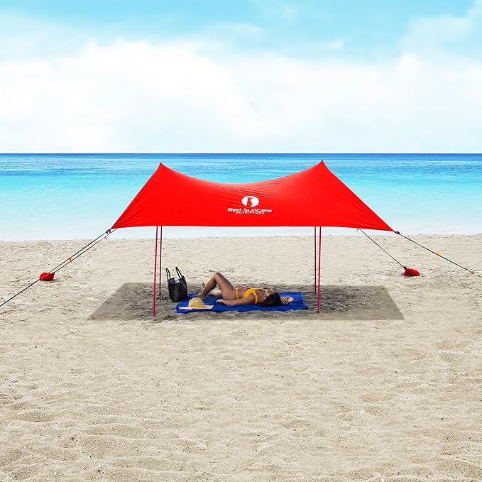 Red Suricata Family Beach Tent & Canopy, UPF50 Sun Shade, 4 Aluminum Poles, Sand Shovel, Large Portable Sun Shelter