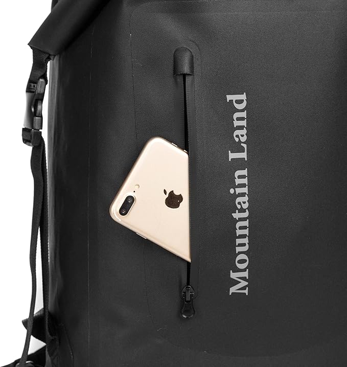 Mountain Land Waterproof Backpack Made of Composite TPU, Roll-Top Closure Dry Bag with Front-Zippered Pocket Cushioned Padded Back Panel Black 30L