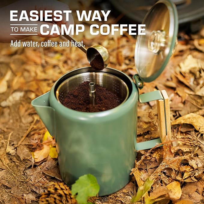 COLETTI Bozeman Camping Coffee Pot — Camping Coffee Makers, Coffee Percolator – America's Sleekest Percolator – NO Aluminum or Plastic (Camp Green)