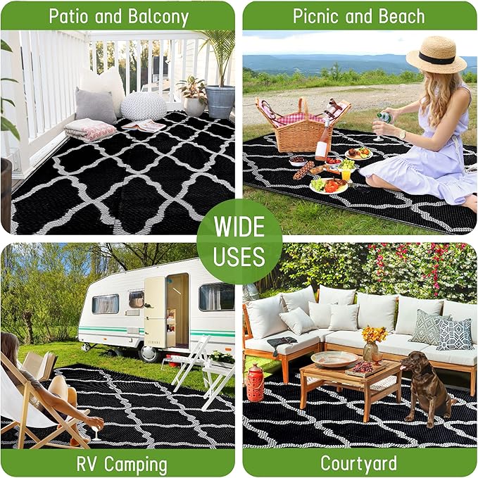 Easy-Going Reversible Outdoor Rugs 9x12ft Waterproof Plastic Straw Rug Stain & UV Resistant Floor Mat for Patio Porch RV Backyard Pool Deck Picnic Beach Trailer Camping (Moroccan Black & Light Grey)