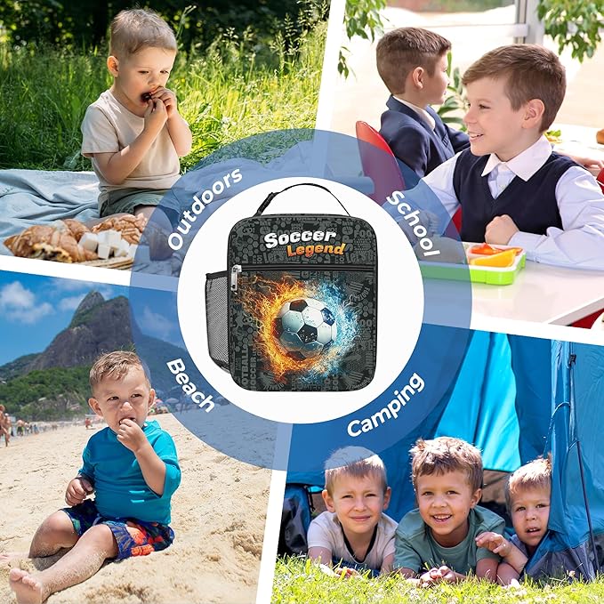 Clastyle 3D Insulated Kids Lunch Bag Large Thermal Cooler Bag for Boy Picnic School Lunch Box Tote,Fire Football