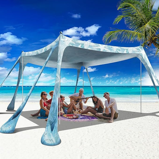 Beach Canopy Beach Tent Pop Up Shade 10x10ft Sun Shelter UPF50+ with 8 Sandbags-2 Sand Shovel-4 Aluminum Poles-Ground Pegs-Portable Carrying Bag for Outdoor Family Camping Fishing Yard Picnic