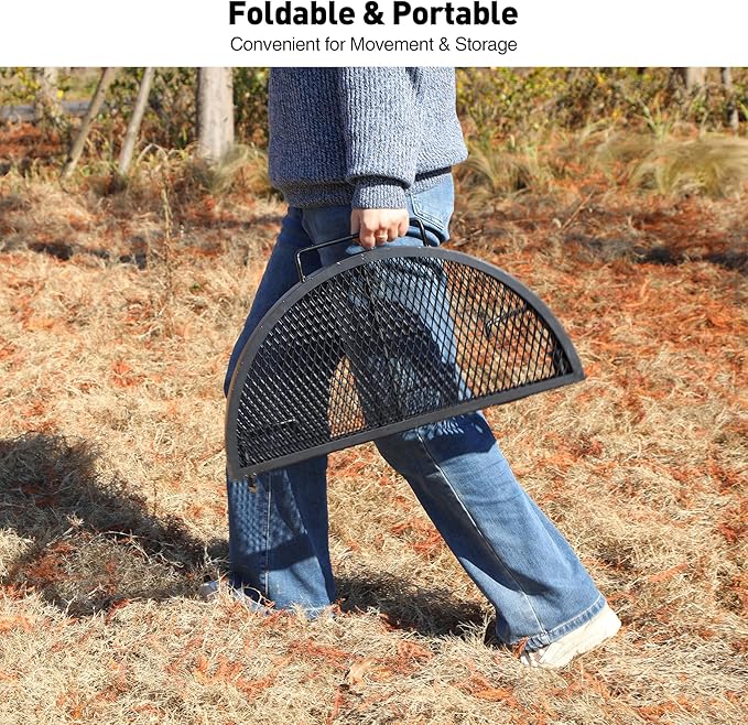 Lineslife X-Marks Fire Pit Cooking Grill Grates Portable, Heavy Duty Folding Round Campfire Grill Grate, Firepit Grill Grate with Handles for Outdoor BBQ Picnic, Black 24 Inch