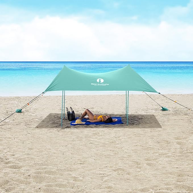 Red Suricata Family Beach Tent & Canopy, UPF50 Sun Shade, 4 Aluminum Poles, Sand Shovel, Large Portable Sun Shelter