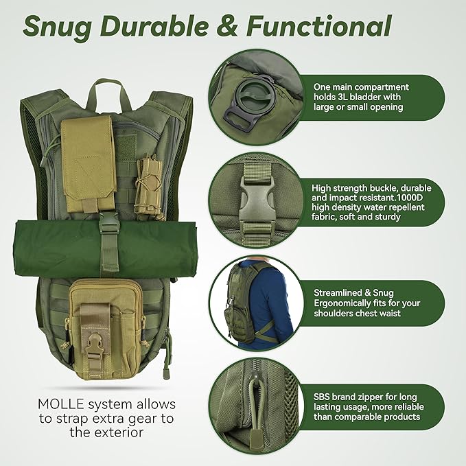 MARCHWAY Tactical Molle Hydration Pack Backpack with 3L TPU Water Bladder, Military Daypack for Cycling, Hiking, Running, Climbing, Hunting, Biking