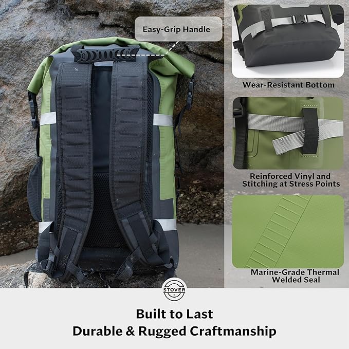 STOVER 5/10/25/30/40/55L Waterproof Dry Backpack- Large Floating Dry Bag for Kayaking, Travel, Tubing, Hiking, Fishing, Camping, Motorcycles & the Beach, Heavy-Duty Roll Top Men/Women (Green)