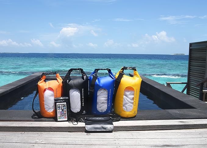 Waterproof Dry Bags Set Of 3 Dry Bag With 2 Zip Lock Seals & Detachable Shoulder Strap, Waist Pouch & Phone Case - Can Be Submerged Into Water - For Swimming (Navy Blue(Window), 5L)