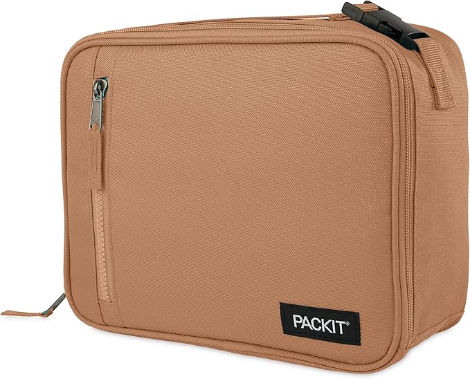 PackIt®️ Freezable Classic Lunch Box, Almond, Built with ECOFREEZE® Technology, Collapsible, Reusable, Zip Closure With Zip Front Pocket and Buckle Handle, Designed for Fresh Lunch On the Go