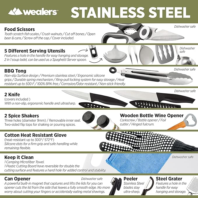 Camp Kitchen Cooking Utensil Set Travel Organizer Grill Accessories Portable Compact Gear for Backpacking BBQ Camping Hiking Travel Cookware Kit Water Resistant Case