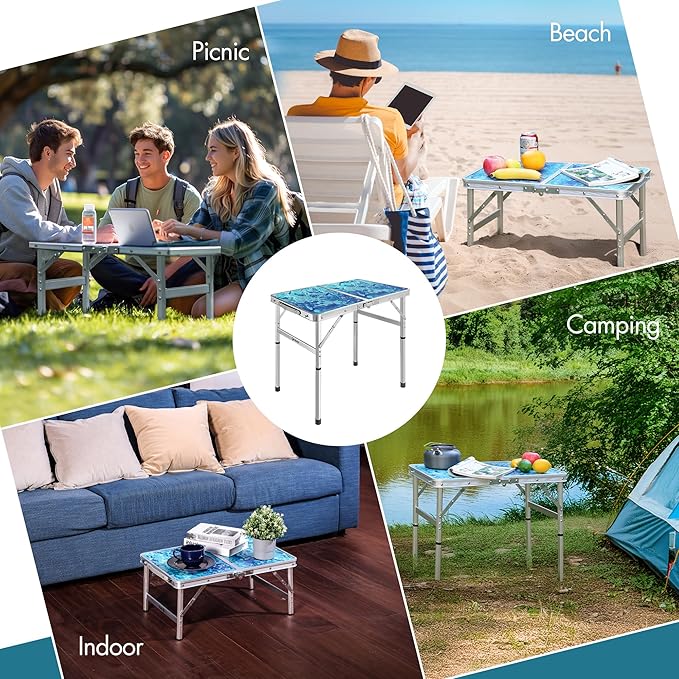 VILLEY Folding Camping Table 2FT, Portable Small Picnic Table with Adjustable Height, Lightweight Aluminum Foldable Table with Carry Handle for Outdoor Indoor BBQ Hiking Beach