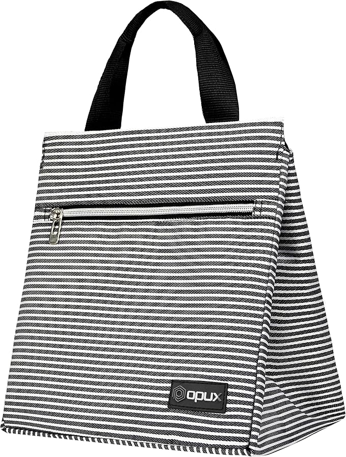 opux Lunch Bag for Women, Insulated Lunch Box Tote for Girls Kids Adult School Work, Reusable Womens Lunch Tote for Office Travel, Cute Small Lunch Tote, Fits 12 Cans - Stripe Black