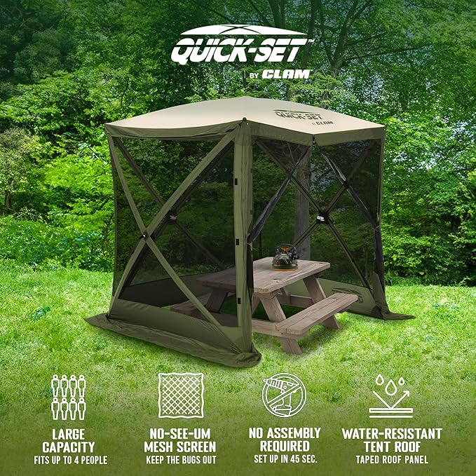 CLAM Pop Up Screen Tent, Outdoor Camping Gazebo Canopy, Traveler, 6', Green/Tan