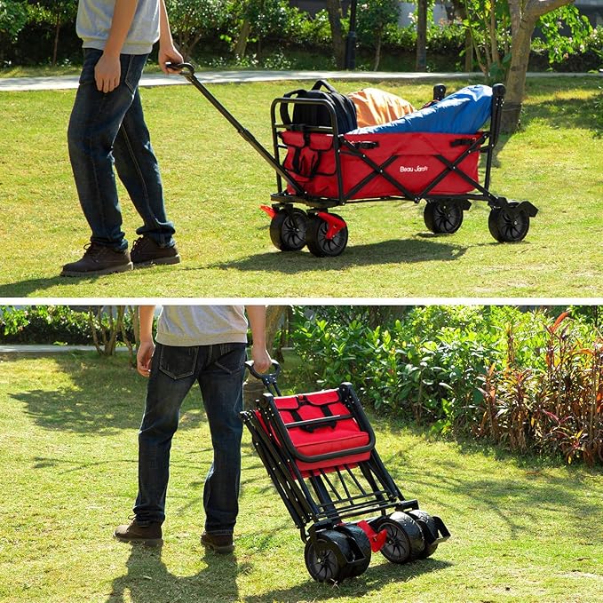 BEAU JARDIN Collapsible Foldable Push Pull Folding Beach Wagon 350lbs Heavy Duty Utility Camping Grocery Garden Sport Shopping Wagon Cart with All Terrain Big Sand Wheels and Brakes Red