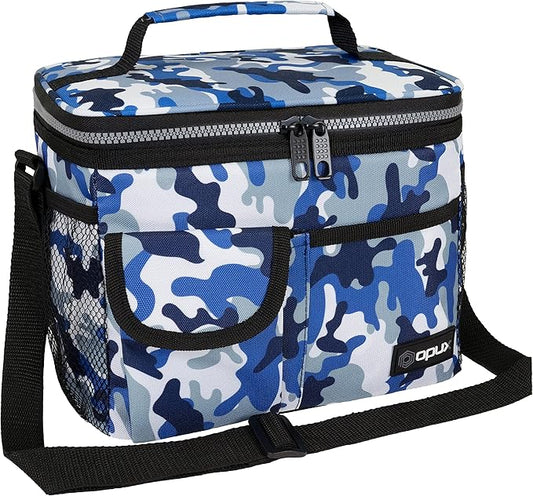 opux Insulated Lunch Bag for Men Women, Leakproof Camo Blue Lunch Box for Work, Portable Soft Lunch Cooler Bag with Shoulder Strap, Adult Lunchbox Lunch Pail for Kid Boy Girl School, 14 Can/8L