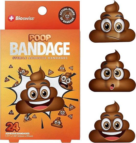 BioSwiss Bandages, Poop Shaped Self Adhesive Bandage, Latex Free Sterile Wound Care, Fun First Aid Kit Supplies for Kids, 24 Count