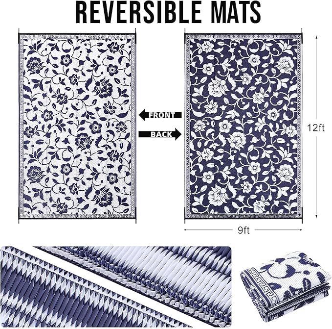 OLANLY Waterproof Outdoor Rug 9x12 ft, Outdoor Plastic Straw Rug with Flower Pattern, Reversible RV Mat for Patio, Camping, Balcony, Deck, Backyard, Navy & White