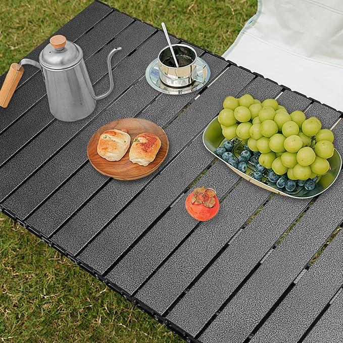 Folding Camping Table, Outdoor Roll-up Table Height Adjustable & Portable Metal Camp Grill Table for Picnic, BBQ, Party, Backyard, Beach, Mesh Storage and Carry Bag (Ash Black, 37.4'' Large)