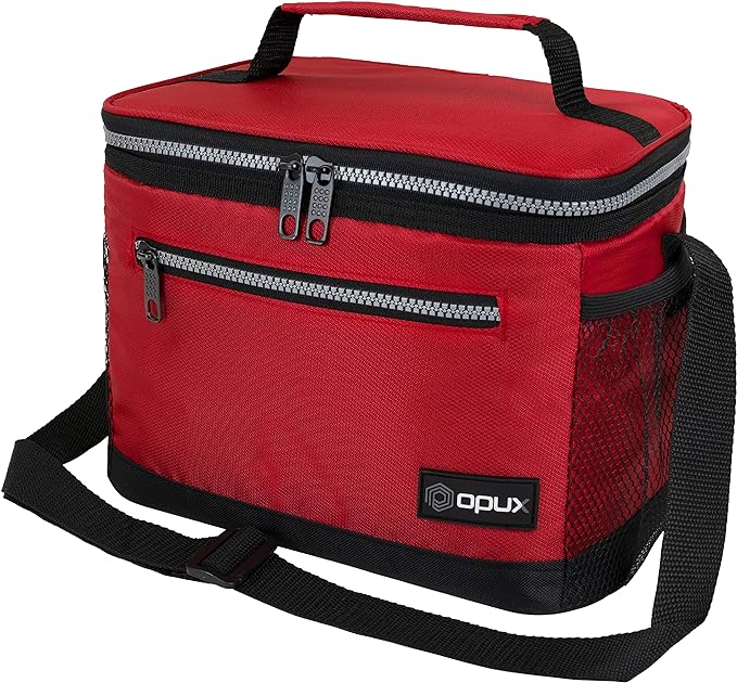 opux Insulated Lunch Box Men Women, Lunch Bag for Work School, Leakproof Soft Cooler Tote Adult, Large Lunch Pail Kids Boys Girls, Picnic Beach Food Bag with Shoulder Strap, Red