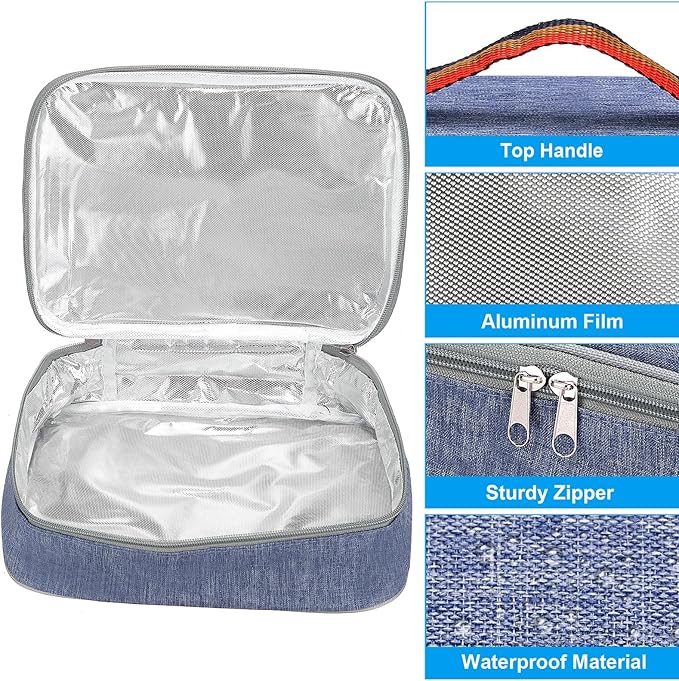 PATIKIL 9"x6"x3" Insulated Lunch Bags, Portable Food Containers Bag Flat Bento Bags Reusable Thermal Lunch Pail for Men and Women, Blue