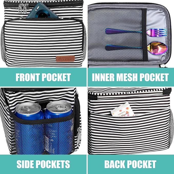Tiblue Insulated Lunch Bag for Women/Men - Reusable Lunch Box for Office Work School Picnic,Leakproof Freezable Cooler Bag with Adjustable Shoulder Strap for Kid/Adult(Medium, Black & White Stripes)