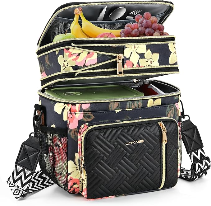 LOKASS Lunch Box for Women/Men-16L-Insulated Lunch Bag, Expandable Double-layer Leakproof Cooler Bag with Upgrade Adjustable Shoulder Strap Ideal for Work/Travel/Picnics（Floral）