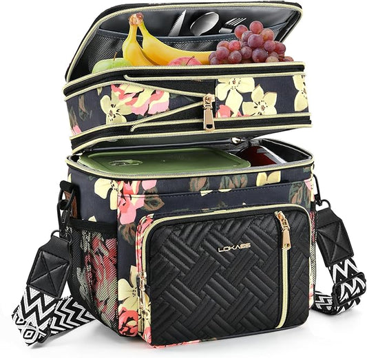 LOKASS Lunch Box for Women/Men-16L-Insulated Lunch Bag, Expandable Double-layer Leakproof Cooler Bag with Upgrade Adjustable Shoulder Strap Ideal for Work/Travel/Picnics（Floral）