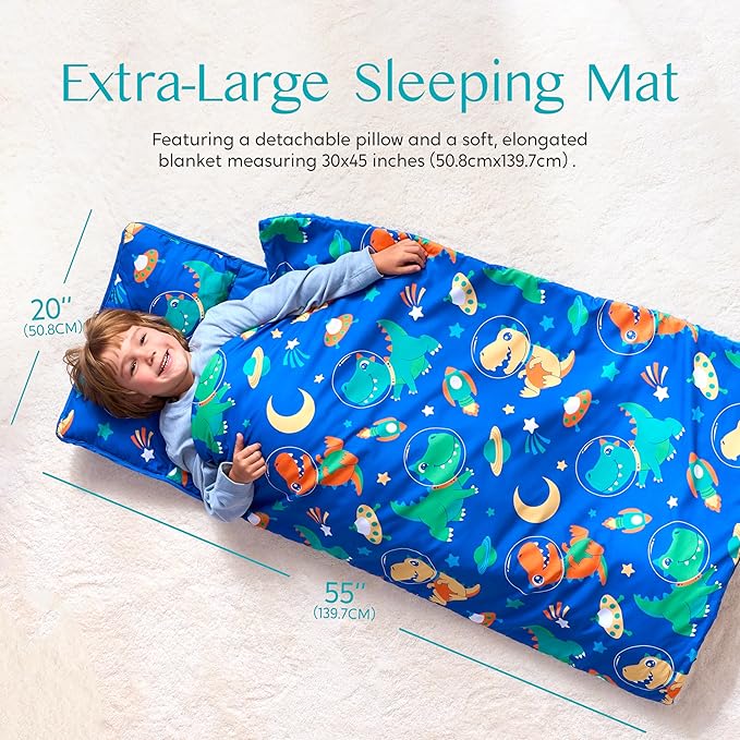 JOIEDOMI Toddler Nap Mat for Preschool 55''x30'' Sleeping Mat with Removable Pillow and Minky Blanket for Kids Ages 3-7 Roll Up Soft Kids Sleeping Bag for Boys Girls Kindergarten Daycare Sleepover