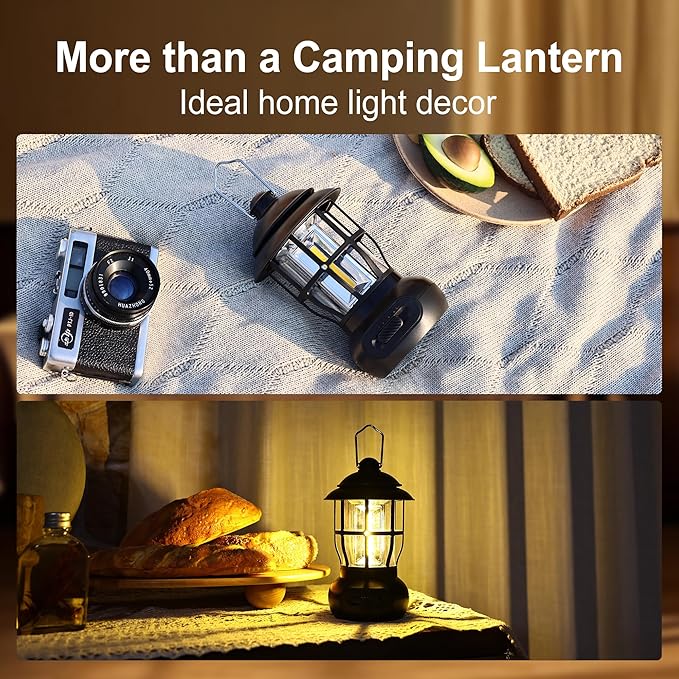 LED Camping Lantern Rechargeable 2 Fixed Models Hanging Tent Lanterns Type-C IPX4 Waterproof for Camper Power Outages Essentials for Picnics Home Patio Travel, Black
