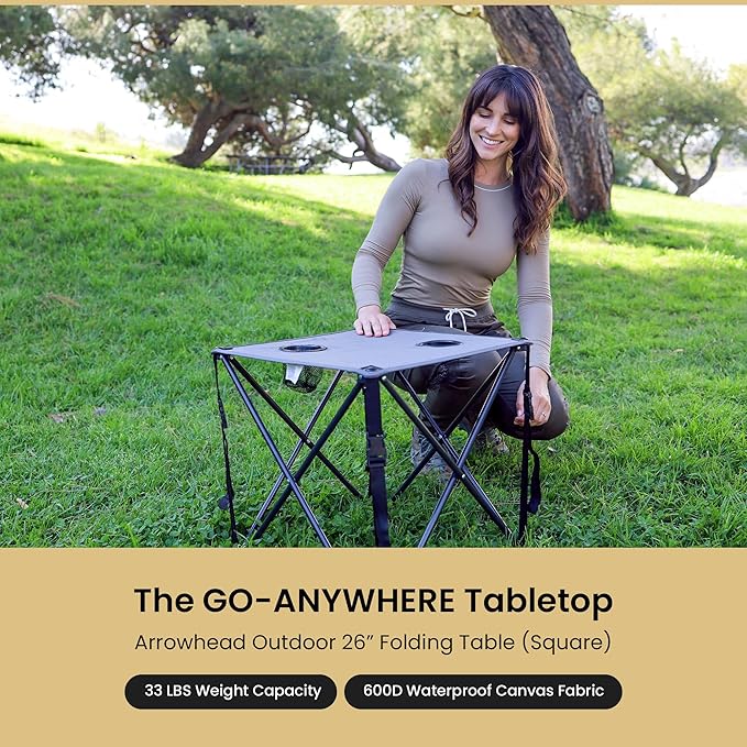 ARROWHEAD OUTDOOR 26” (66cm) Heavy-Duty Portable Camping Folding Table, 2 Cup Holders, Compact, Square, Carrying Case Included, Steel Frame, High-Grade 600D Canvas, USA-Based Support