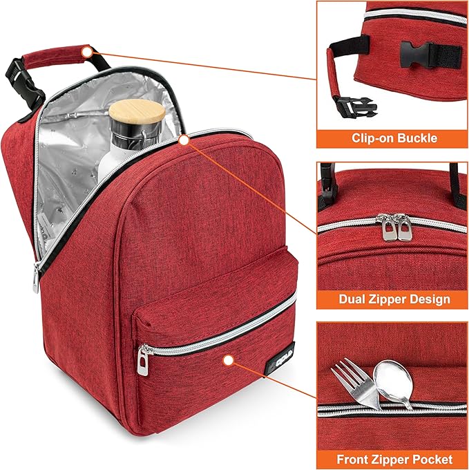 opux Lunch Box for Girls Boys Kids, Insulated Leakproof Lunch Bag, Reusable Teen Lunch Boxes for School, Medium Large lunchbox for Women Men Adult for Work with Front Back Pocket (Red)