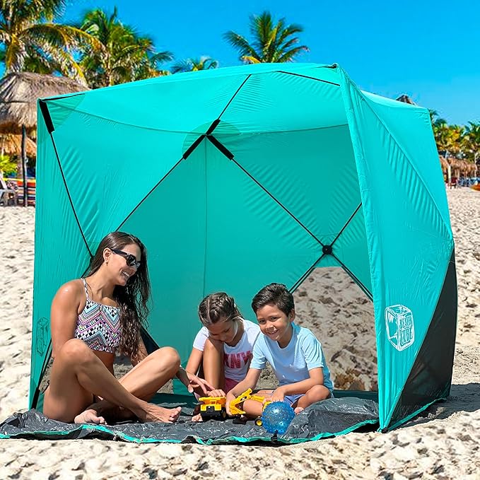 Beach Cube Pop Up Beach Tent Portable Shade Sun Shelter UPF50+ UV Protection for 4 Person Expandable Floor for Beach Fishing Hiking Camping – Aqua Color