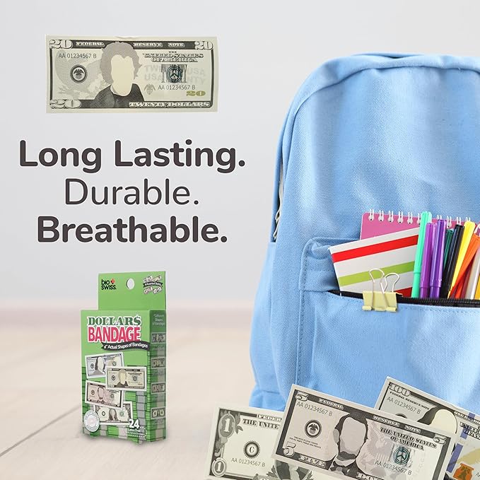 BioSwiss Bandages, Money Shaped Self Adhesive Bandage, Latex Free Sterile Wound Care, Fun First Aid Kit Supplies for Kids, 24 Count