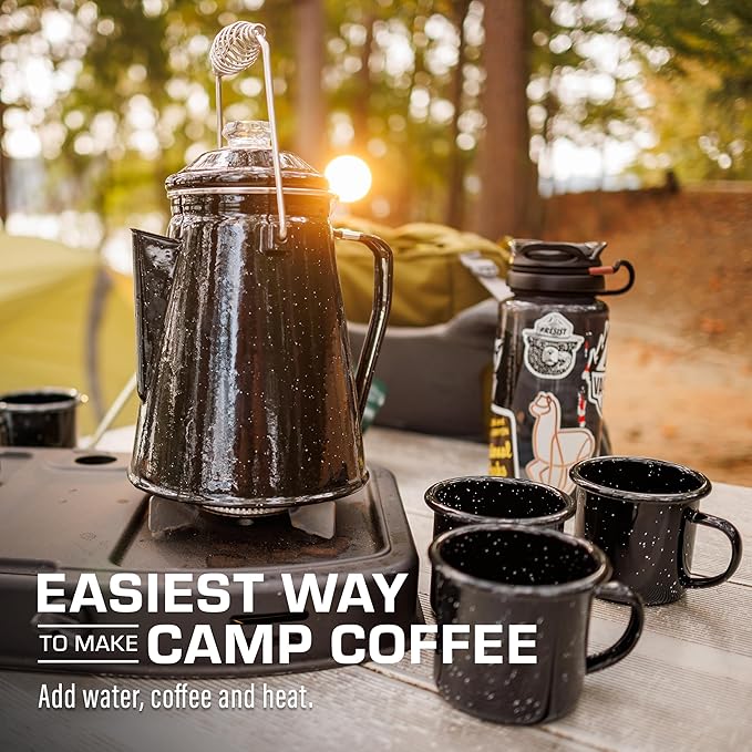 COLETTI Classic Enamel Set Coffee Percolator & Mugs — The Most Nostalgic Camping Coffee Pot, Now Modernized [Black Enamel, 12 Cup Percolator Coffee Pot & Set of 4 Mugs]
