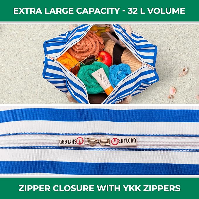SHYLERO Beach Bag and Pool Bag. Has Airtight Pouch, Ton of Pockets. Beach Tote is Zippered, Water Resistant. Family Size