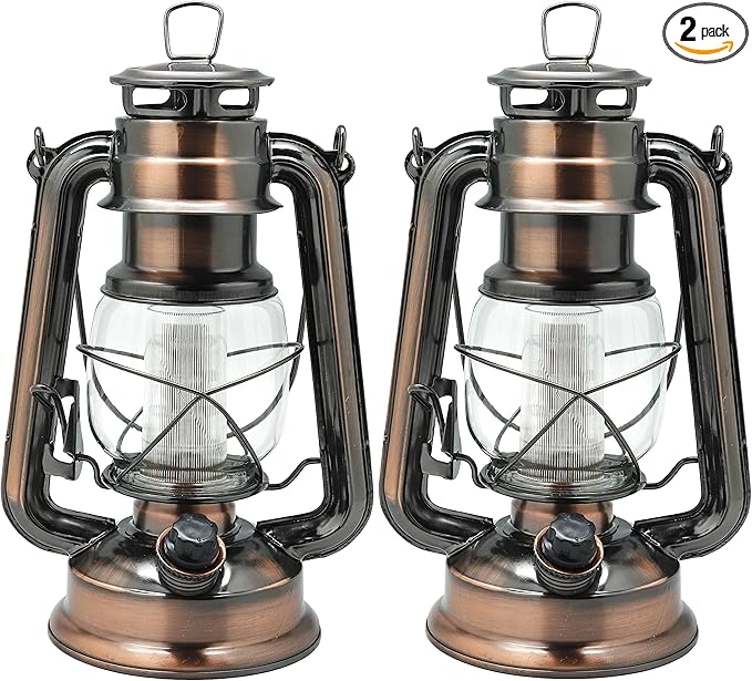 YAKii LED Vintage Lantern Metal Hanging Hurricane Lantern 12 LED Dimmer Switch Cold White Battery Operated Lantern Power Outage Indoor Camping Lighting Outdoor Brooklyn Lantern (Copper 2 Pack)