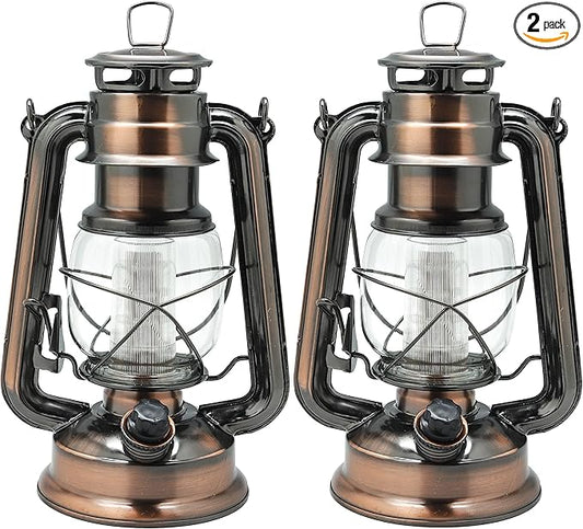 YAKii LED Vintage Lantern Metal Hanging Hurricane Lantern 12 LED Dimmer Switch Cold White Battery Operated Lantern Power Outage Indoor Camping Lighting Outdoor Brooklyn Lantern (Copper 2 Pack)