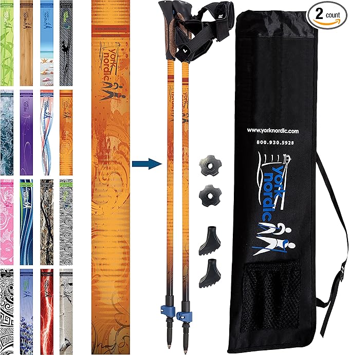 Official Nordic Walking Poles - True Classic Nordic Glove Grips, Lightweight, Adjustable, and Collapsible -2 Pieces w/flip Locks, Detachable Feet and Travel Bag by York Nordic - Heights 5'4"-6'2"