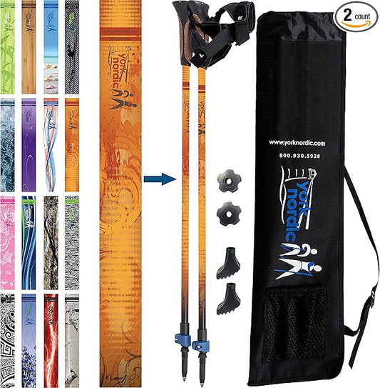 Official Nordic Walking Poles - True Classic Nordic Glove Grips, Lightweight, Adjustable, and Collapsible -2 Pieces w/flip Locks, Detachable Feet and Travel Bag by York Nordic - Heights 5'4"-6'2"