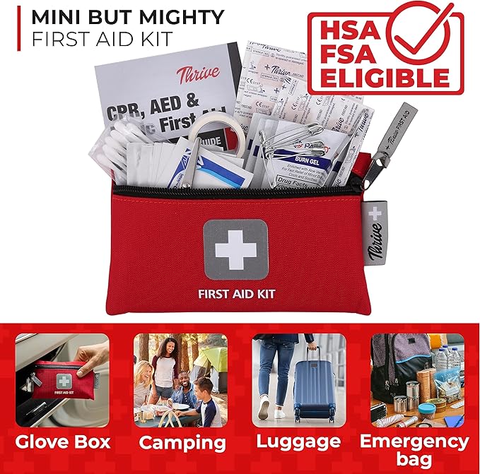 Thrive Travel Essentials Mini First Aid Kit - 66 FSA HSA Approved Products Includes Multi-Sized Bandage, Wipes, Safety Pins, and More (Pouch)