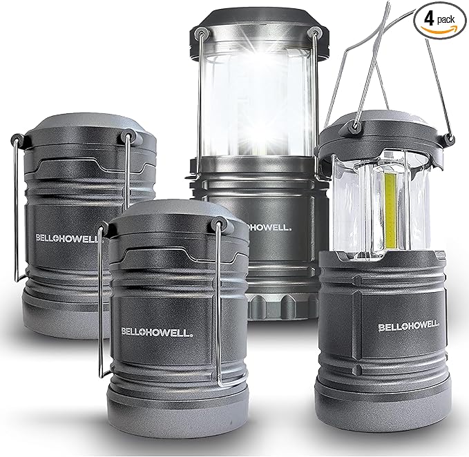 Bell+Howell 4 Pack Camping Lights & Lanterns for Power Outage, Collapsible Battery Powered LED Camping Lantern Lamp with Handle, Portable Ultra Bright for Power Outage Home Failure and Camping
